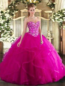 Fuchsia Sleeveless Floor Length Embroidery and Ruffles Lace Up Quinceanera Gowns
