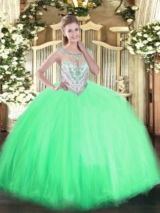 Sleeveless Tulle Floor Length Zipper Quinceanera Dresses in Apple Green with Beading