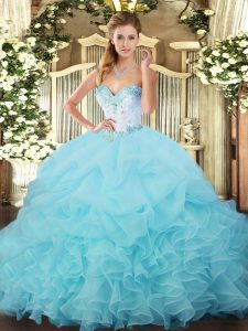 Aqua Blue Ball Gowns Organza Sweetheart Sleeveless Beading and Ruffles and Pick Ups Floor Length Lace Up Sweet 16 Dresses