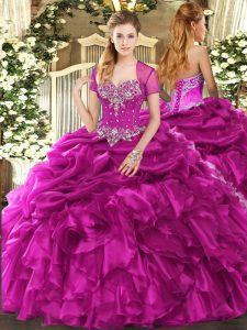 Sweetheart Sleeveless Quinceanera Gown Floor Length Beading and Ruffles and Pick Ups Fuchsia Organza