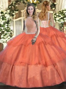 Orange Red Ball Gowns Tulle High-neck Sleeveless Beading and Ruffled Layers Floor Length Lace Up Sweet 16 Dresses