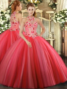 Popular Floor Length Coral Red Quince Ball Gowns Tulle Sleeveless Embroidery