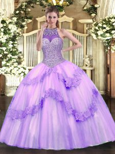 Lavender Ball Gowns Beading and Appliques Sweet 16 Dress Lace Up Tulle Sleeveless Floor Length