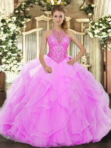 Ball Gowns Ball Gown Prom Dress Rose Pink High-neck Organza Sleeveless Floor Length Lace Up