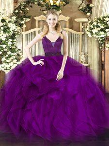 Sleeveless Floor Length Beading and Ruffles Zipper 15th Birthday Dress with Purple