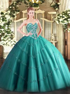 Pretty Teal Sleeveless Tulle Lace Up Quinceanera Gowns for Military Ball and Sweet 16 and Quinceanera