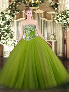 Designer Olive Green Ball Gowns Strapless Sleeveless Tulle Floor Length Lace Up Beading Sweet 16 Dress
