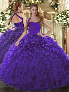 Affordable Purple Organza Lace Up Sweet 16 Dresses Sleeveless Floor Length Ruffles