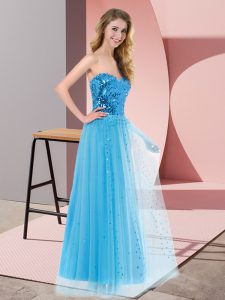 Customized Blue Lace Up Sweetheart Sequins Tulle Sleeveless