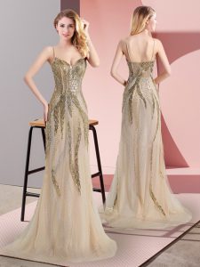 Tulle Spaghetti Straps Sleeveless Sweep Train Side Zipper Beading Prom Party Dress in Champagne