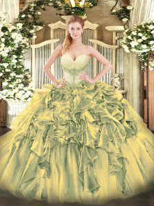 Olive Green Organza Lace Up Sweetheart Sleeveless Floor Length Quinceanera Dress Beading and Ruffles