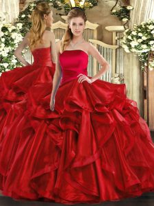Shining Strapless Sleeveless Sweet 16 Quinceanera Dress Floor Length Ruffles Red Organza