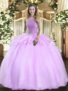 Excellent Floor Length Lilac Quinceanera Gowns Organza Sleeveless Beading