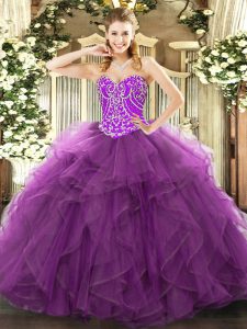 Cheap Tulle Sweetheart Sleeveless Lace Up Beading and Ruffles Sweet 16 Dresses in Purple