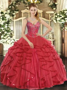 High Class Wine Red Lace Up V-neck Beading and Ruffles Quinceanera Gowns Tulle Sleeveless