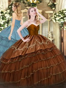 Brown Sweetheart Neckline Embroidery and Ruffled Layers Sweet 16 Dress Sleeveless Zipper