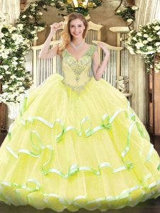 Top Selling Yellow 15 Quinceanera Dress Military Ball and Sweet 16 and Quinceanera with Beading and Ruffled Layers V-neck Sleeveless Lace Up