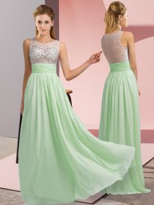 Captivating Apple Green Chiffon Side Zipper Evening Dress Sleeveless Floor Length Beading