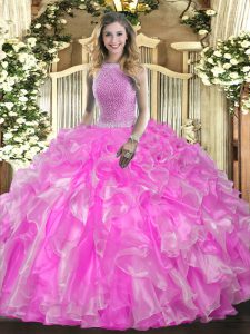 Elegant Rose Pink Ball Gowns Beading and Ruffles Sweet 16 Dress Lace Up Organza Sleeveless Floor Length