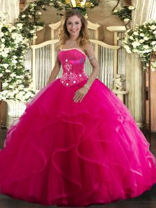 Unique Hot Pink Sleeveless Tulle Lace Up Vestidos de Quinceanera for Military Ball and Sweet 16 and Quinceanera