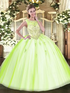 Sleeveless Floor Length Beading and Appliques Zipper Sweet 16 Dress with Yellow Green