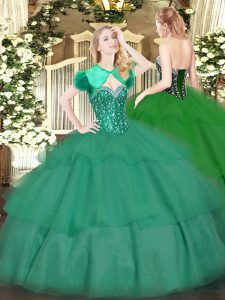 Dynamic Turquoise Tulle Lace Up Sweetheart Sleeveless Floor Length Ball Gown Prom Dress Beading and Ruffled Layers