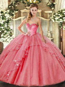 Glittering Ball Gowns Quinceanera Gown Watermelon Red Sweetheart Tulle Sleeveless Floor Length Lace Up