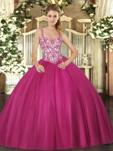 Custom Made Fuchsia Mermaid Tulle Straps Sleeveless Beading and Appliques Floor Length Lace Up Quinceanera Gowns
