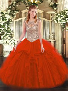 Sophisticated Floor Length Red Quinceanera Gown Tulle Sleeveless Beading and Ruffles