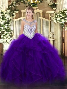 Elegant Ball Gowns Sweet 16 Quinceanera Dress Purple Scoop Tulle Sleeveless Floor Length Zipper