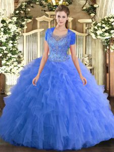 Baby Blue Sleeveless Tulle Clasp Handle Ball Gown Prom Dress for Military Ball and Sweet 16 and Quinceanera
