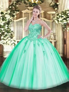 Charming Turquoise Ball Gowns Appliques Vestidos de Quinceanera Lace Up Tulle Sleeveless Floor Length