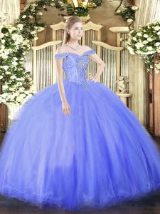 Luxury Sleeveless Floor Length Beading Lace Up Quinceanera Dress with Blue