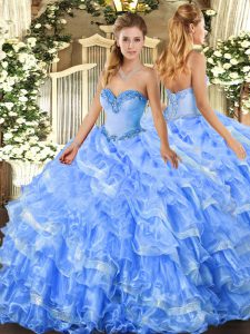 Fitting Floor Length Lace Up 15th Birthday Dress Baby Blue for Military Ball and Sweet 16 and Quinceanera with Beading and Ruffled Layers