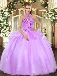 Glamorous Halter Top Sleeveless Sweet 16 Dress Floor Length Embroidery Lilac Organza