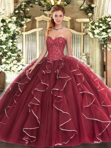 Traditional Floor Length Lace Up Sweet 16 Dresses Burgundy for Military Ball and Sweet 16 and Quinceanera with Beading and Ruffles
