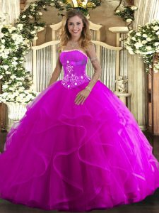 Strapless Sleeveless Lace Up Quinceanera Gowns Fuchsia Tulle