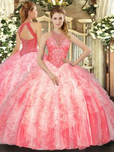 Watermelon Red Lace Up High-neck Beading and Ruffles Sweet 16 Quinceanera Dress Organza Sleeveless