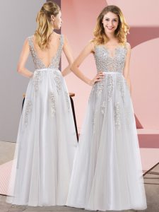 Tulle Square Sleeveless Backless Lace and Appliques Dress for Prom in Grey