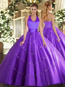 Glamorous Purple Ball Gowns Appliques Quince Ball Gowns Lace Up Tulle Sleeveless Floor Length