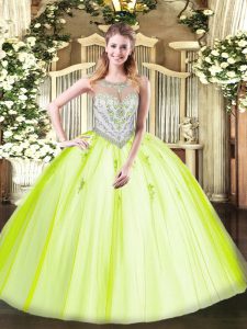 Stylish Yellow Green 15 Quinceanera Dress Military Ball and Sweet 16 and Quinceanera with Beading and Appliques Scoop Sleeveless Zipper