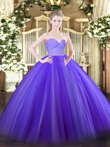 New Style Lavender Ball Gowns Beading and Lace Quince Ball Gowns Zipper Tulle Sleeveless Floor Length