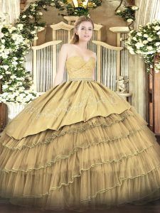 Simple Gold Ball Gowns Beading and Lace and Embroidery and Ruffled Layers Sweet 16 Dress Zipper Organza and Taffeta Sleeveless Floor Length