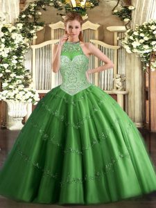 Fabulous Green Halter Top Neckline Beading and Appliques Vestidos de Quinceanera Sleeveless Lace Up