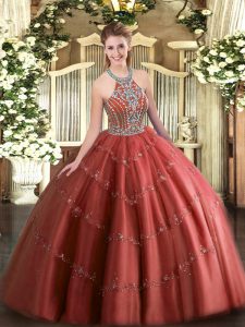 Luxurious Floor Length Wine Red Ball Gown Prom Dress Halter Top Sleeveless Lace Up
