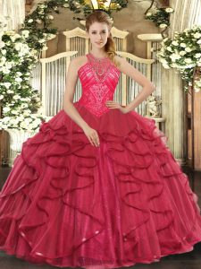 Coral Red High-neck Lace Up Beading and Ruffles Quinceanera Gowns Sleeveless