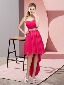 Fitting Sweetheart Sleeveless Prom Dress High Low Beading Hot Pink Chiffon