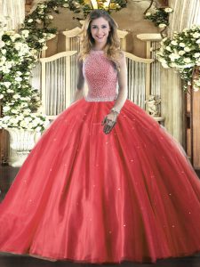 Red Ball Gowns Tulle High-neck Sleeveless Beading Floor Length Lace Up Quinceanera Dress