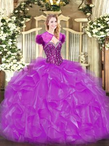 Fine Fuchsia 15 Quinceanera Dress Military Ball and Sweet 16 and Quinceanera with Beading and Ruffles Sweetheart Sleeveless Lace Up