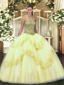 Glamorous Light Yellow Sleeveless Floor Length Beading and Appliques Lace Up Quinceanera Gowns
